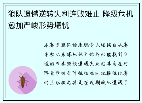 狼队遗憾逆转失利连败难止 降级危机愈加严峻形势堪忧