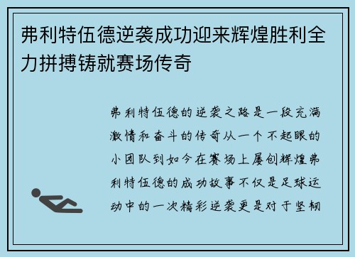 弗利特伍德逆袭成功迎来辉煌胜利全力拼搏铸就赛场传奇