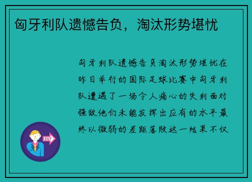 匈牙利队遗憾告负，淘汰形势堪忧