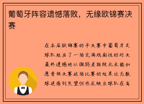 葡萄牙阵容遗憾落败，无缘欧锦赛决赛